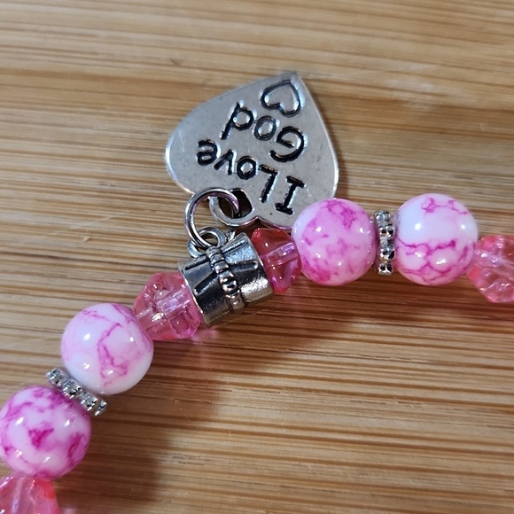 Hand Crafted Stretch Bracelet Pink Beads Silver I Love God Charm - Picture 6 of 9